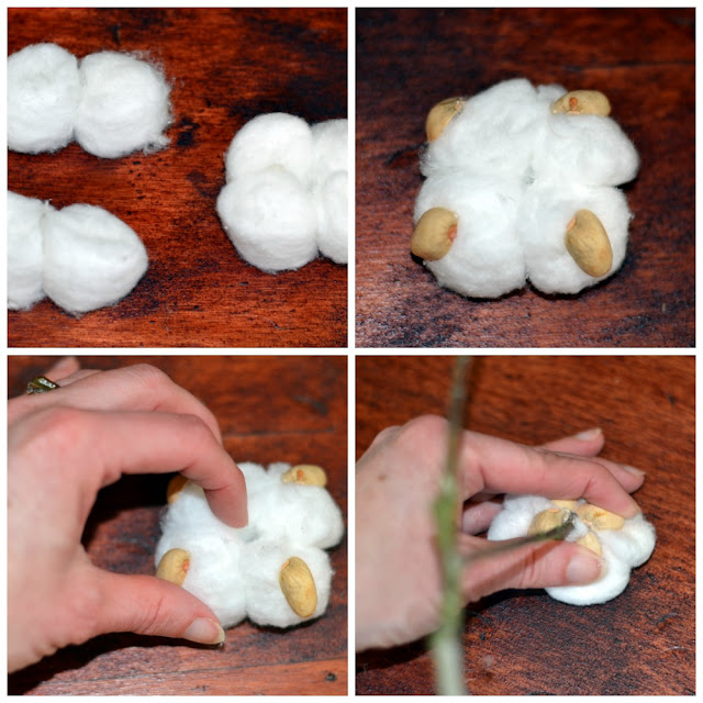 use pistachio shell and cotton balls to create a cotton stem