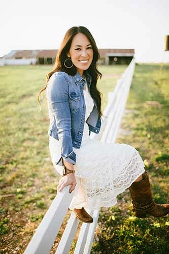lace dress with jean jacket and boots Joanna Gaines lace dress with jean jacket and boots