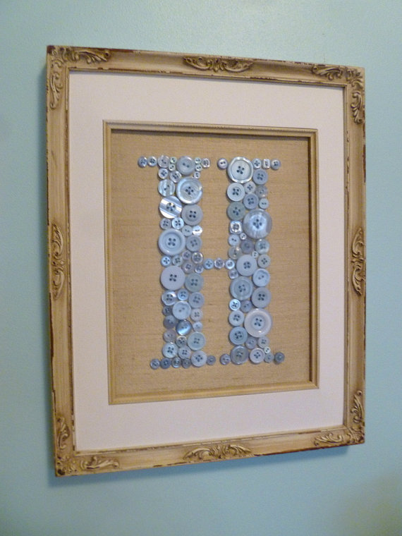 Vintage Style Boy Nursery Button Monogram -- Baby Blue on Antique White Silk -- Ready to Frame in 8"x10" Frame (frame not included)