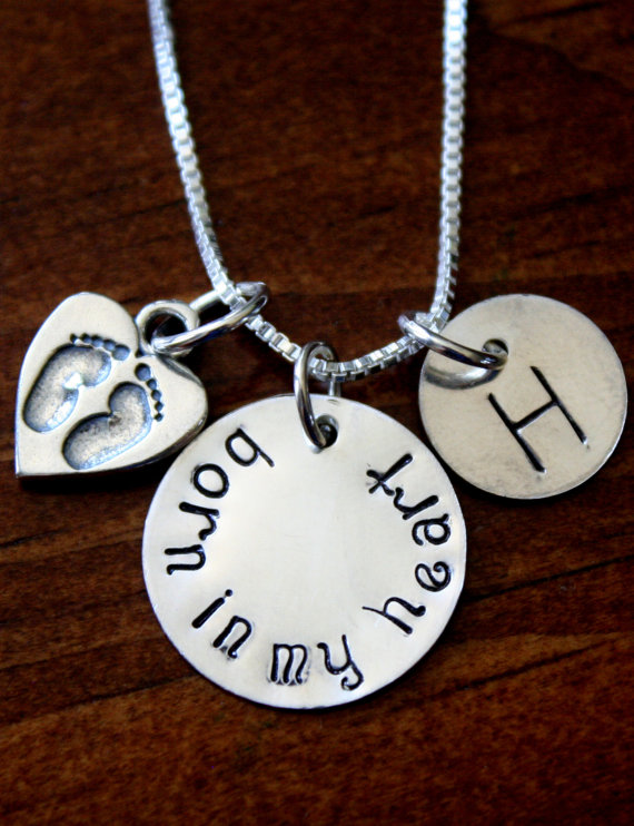 Born in my heart, Adoption Jewelry, New mommy, Surrogacy Jewelry Gift, Personalized Initial Baby Feet Necklace