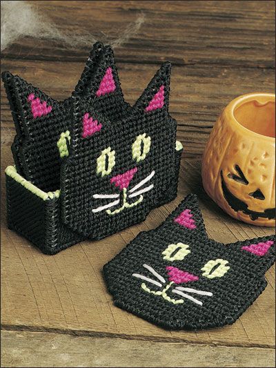 Black Cat Coasters  Technique - Plastic Canvas