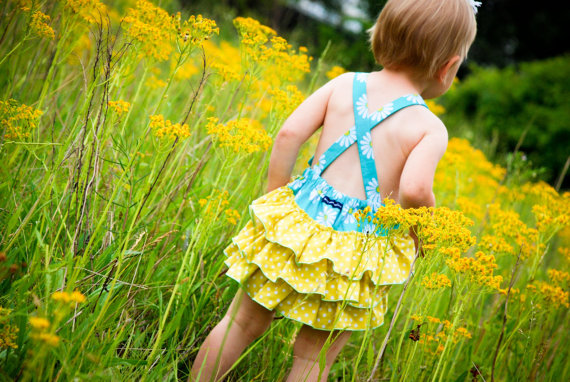 Oopsie Daisy Turquoise and Citron Retro Ruffle Sun Suit, Fully lined with Snap Closure