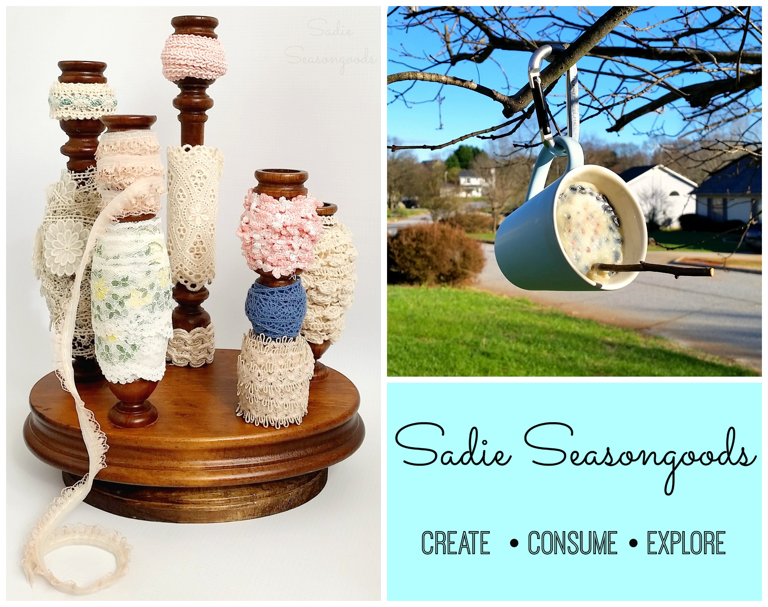 This week at Sadie Seasongoods: Thrifted Candlestick Lace & Trim Organizer and DIY Coffee Mug Suet Feeder This week at Sadie Seasongoods: Thrifted Candlestick Lace & Trim Organizer and DIY Coffee Mug Suet Feeder